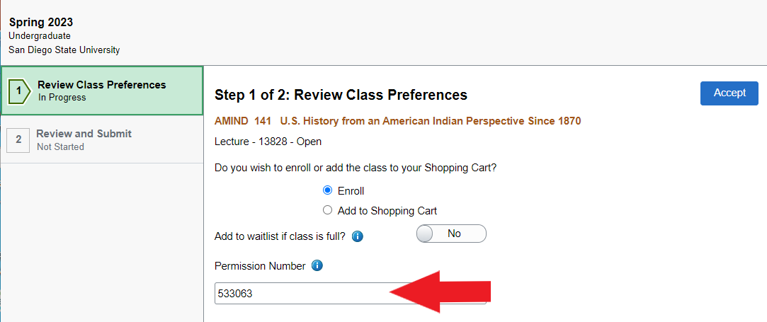 Under Review Class Preferences, there will be an input field for permission number.